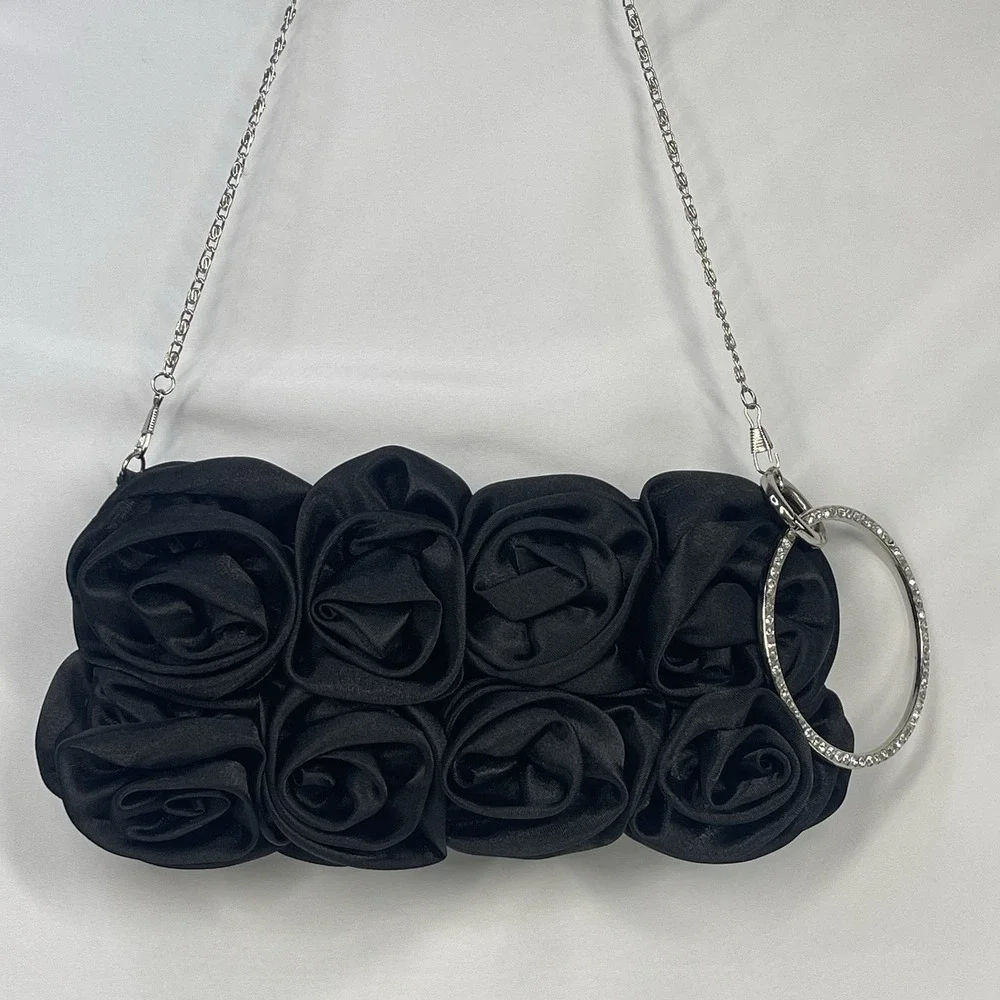 Black Satin Rosette Evening Bag Rhinestone Wristlet Chain Clutch Purse